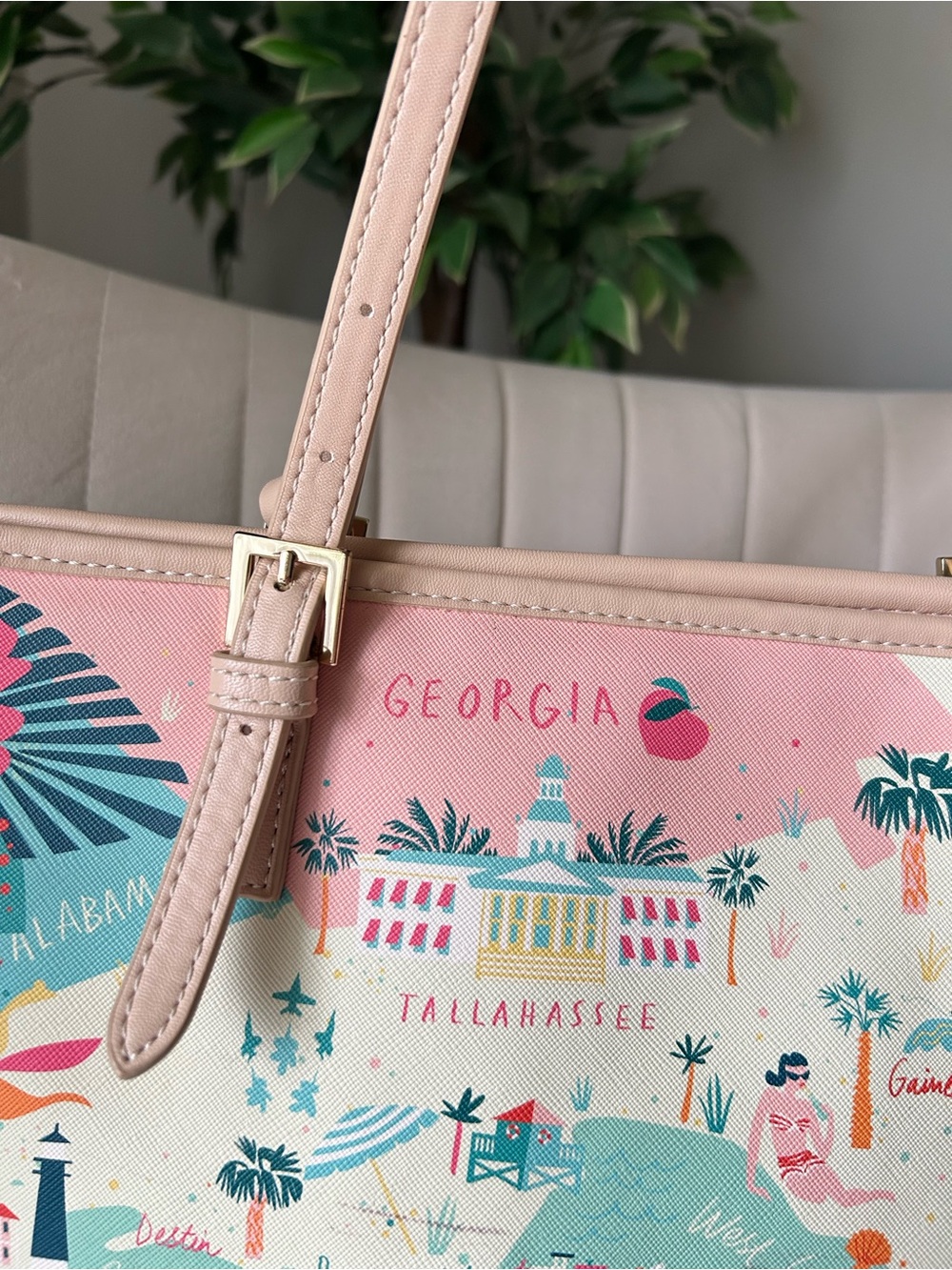 Spartina 449 Teal and Pink Florida Map Tote with Cream Handles - Picture 5 of 16